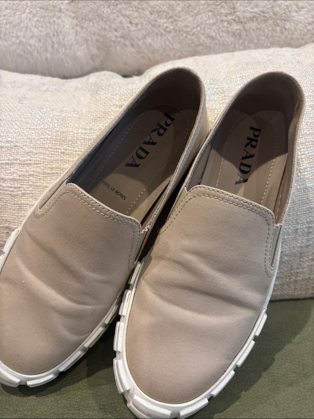 Prada Neutral Canvas Slip-On Sneakers